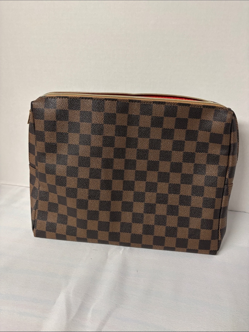 Brown Checkered Women’s Cosmetic Travel Bag